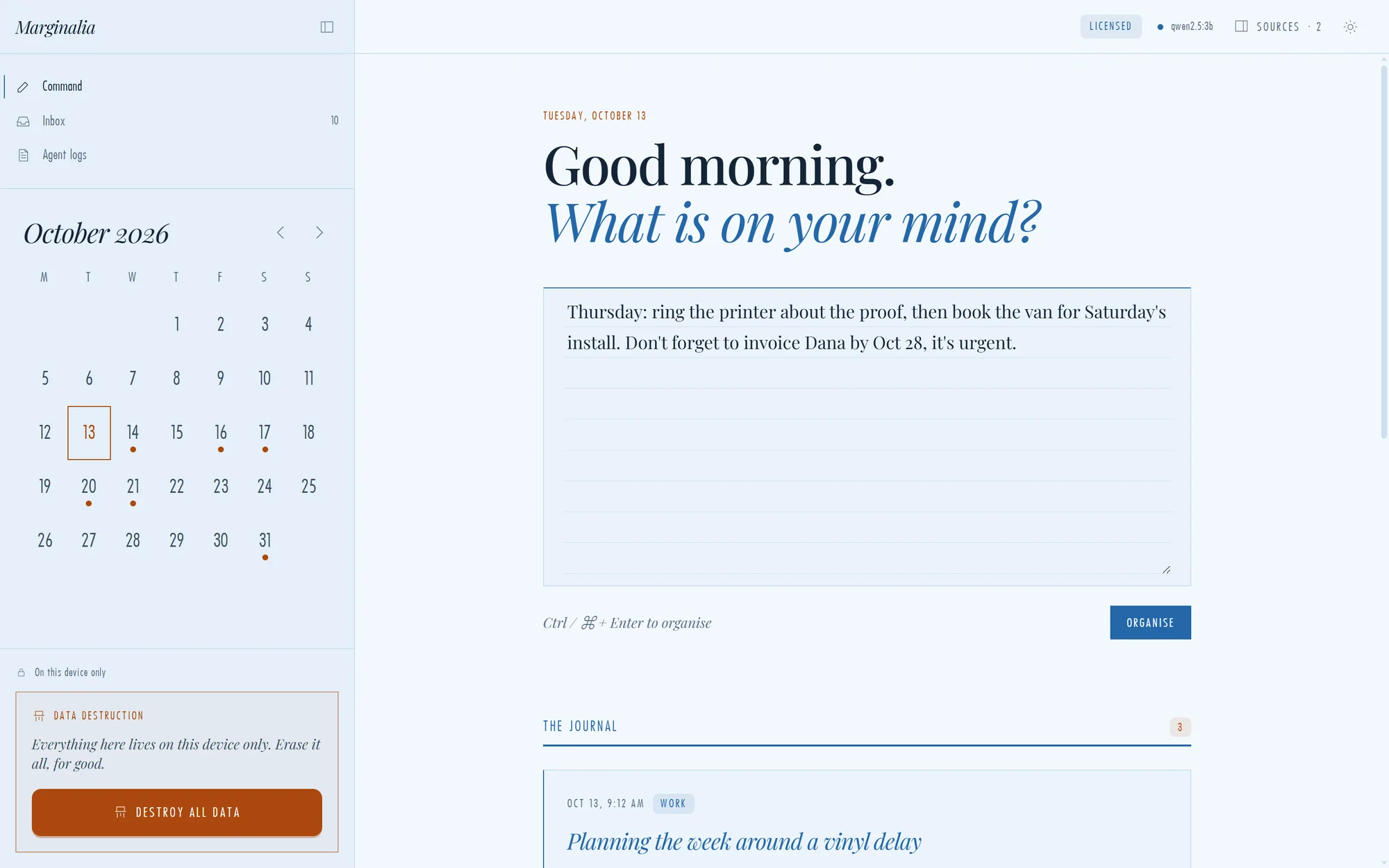 Command centre: write freely on a ruled page, press Organise.