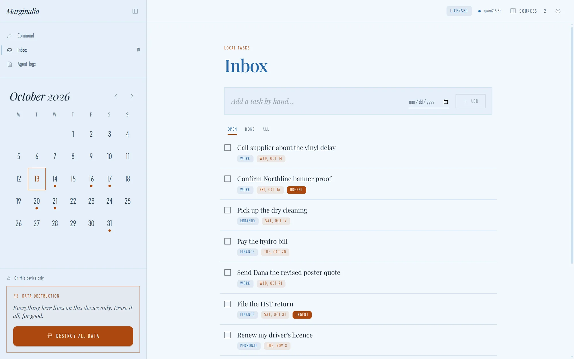 Inbox with tasks, category tags, due dates and urgent markers.
